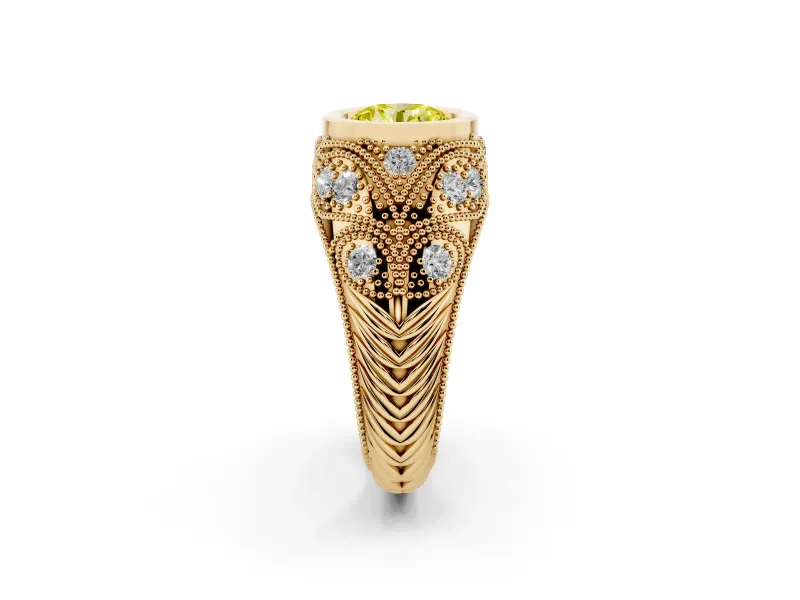 Fancy Yellow Round Cut Diamond Bezel Ring Set in Yellow gold with Milgrain Accent Band