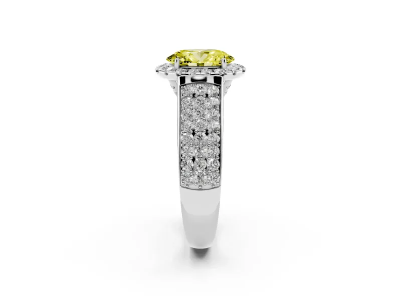 Fancy Yellow Oval Cut Diamond Halo Ring Set in Platinum with Pavé Band and Raised Center Setting