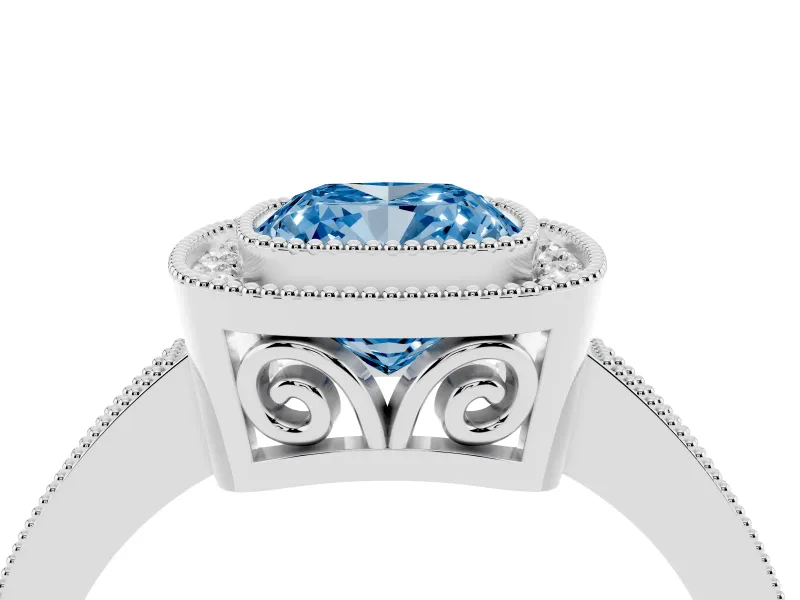 Fancy Blue Cushion Cut Diamond Halo Ring Set in White gold with Pavé Band and Milgrain-Edged Prongs