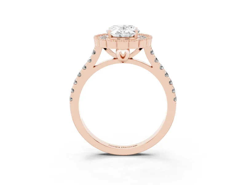 Oval Cut Diamond Milgrain Floral Halo Engagement Ring Set in Rose gold with Pavé Band