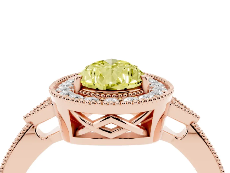 Fancy Yellow Pear Cut Diamond Halo Engagement Ring Set in Rose gold with Milgrain Pavé Band