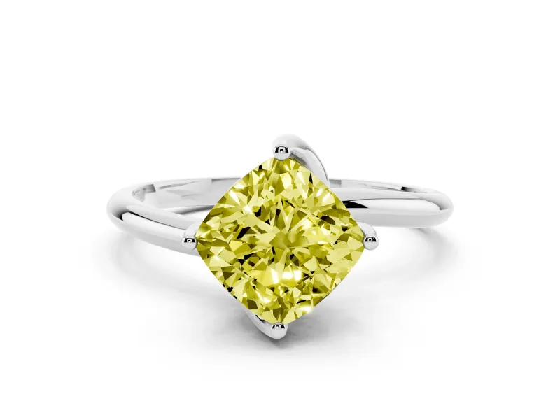 Fancy Yellow Cushion Cut Diamond Solitaire Engagement Ring Set in White gold with Classic Plain Band