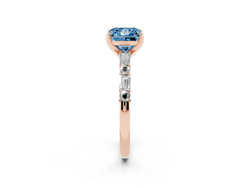 Princess Cut Baguette Side Stone Engagement Ring Setting for a Fancy Blue Lab-Grown Diamond | Rose Gold