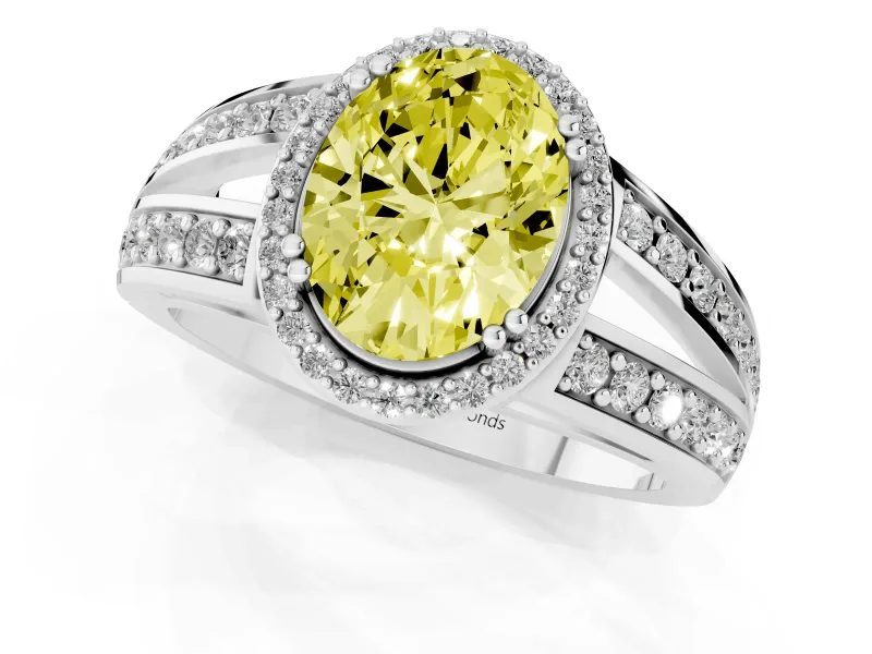 Fancy Yellow Oval Cut Diamond Halo Ring Set in Platinum with Double Pavé Split Shank