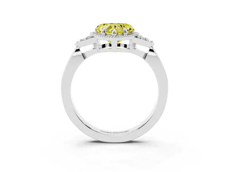 Fancy Yellow Heart Cut Diamond Milgrain Solitaire Ring Set in White gold with Tapered Pavé Band and Prong Setting