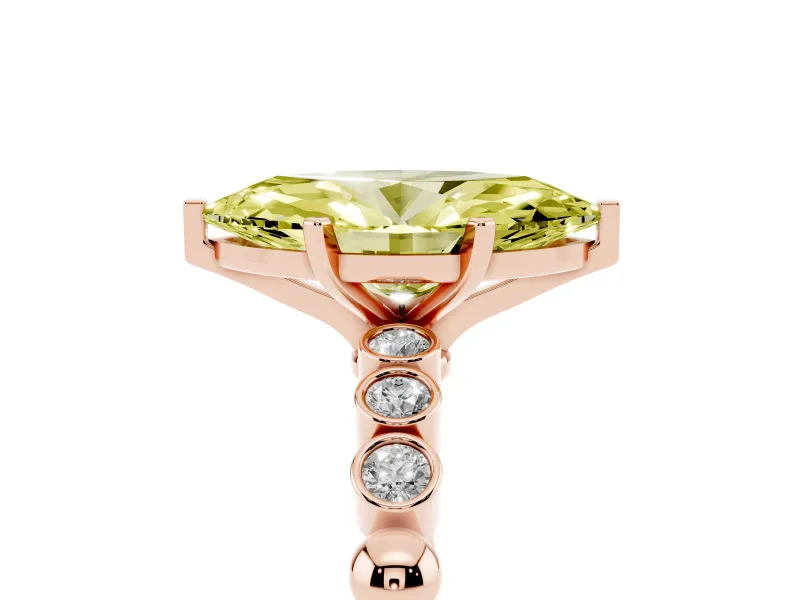 Fancy Yellow Marquise Cut Diamond Solitaire Engagement Ring Set in Rose gold with Bezel Accents on Beaded Band