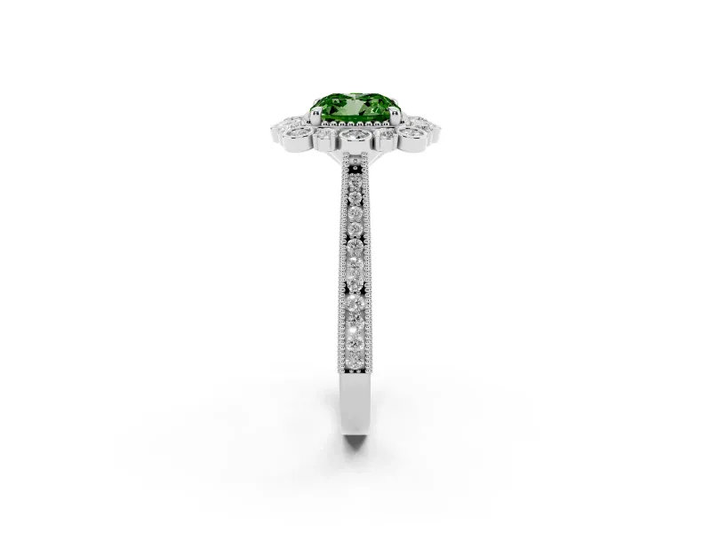Fancy Green Cushion Cut Diamond Halo Milgrain Pavé Ring Set in White gold with Prong Setting