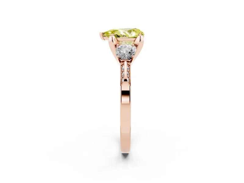Pear-Shaped Hidden Halo Three Stone Engagement Ring Setting for a Fancy Yellow Lab-Grown Diamond | Rose Gold