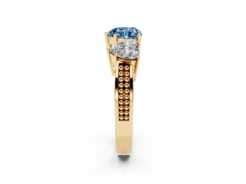 Heart-Shaped Three Stone Engagement Ring Setting for a Fancy Blue Lab-Grown Diamond | Beaded Shoulders | Yellow Gold