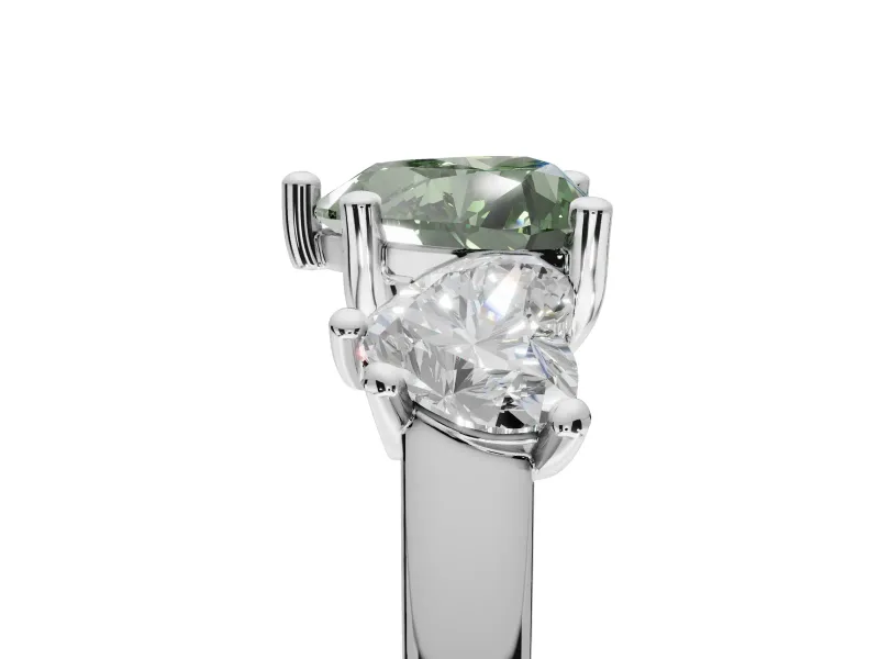 Heart-Shaped Three Stone Engagement Ring Setting for a Fancy Green Lab-Grown Diamond | Tapered Band | Sterling Silver