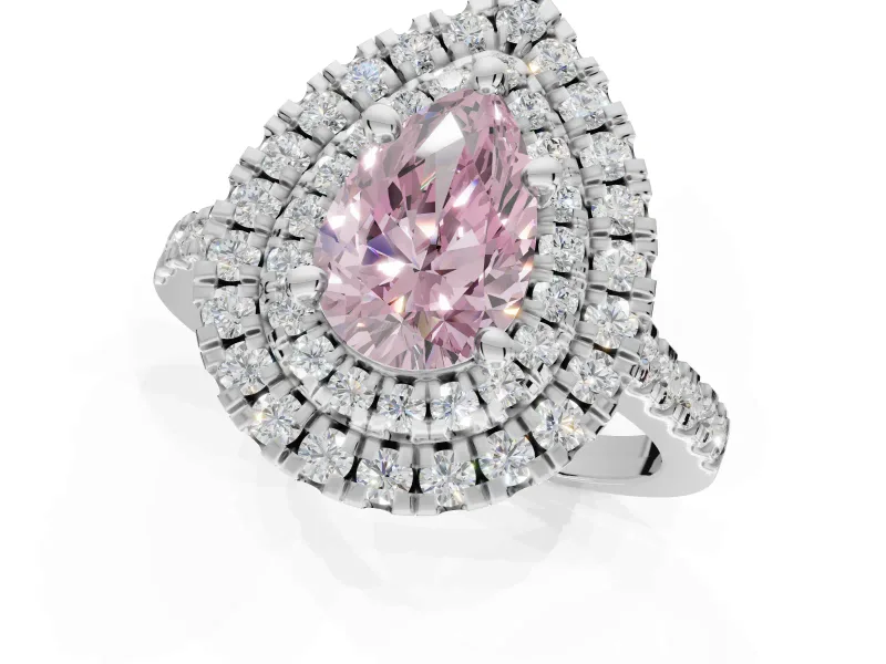 Fancy Pink Pear-Shaped Lab-Grown Diamond Double Halo Statement Ring Set in Platinum with Pavé Band
