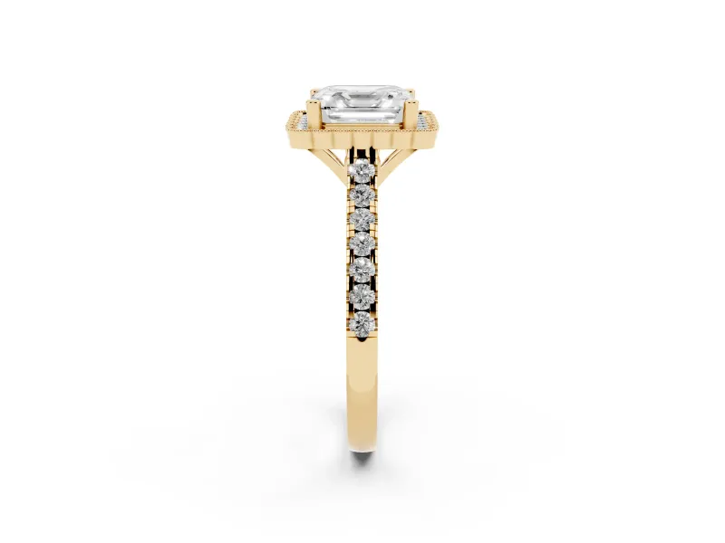Asscher Cut Vintage Milgrain Floral Halo Engagement Ring Setting | Pavé Band | Yellow Gold