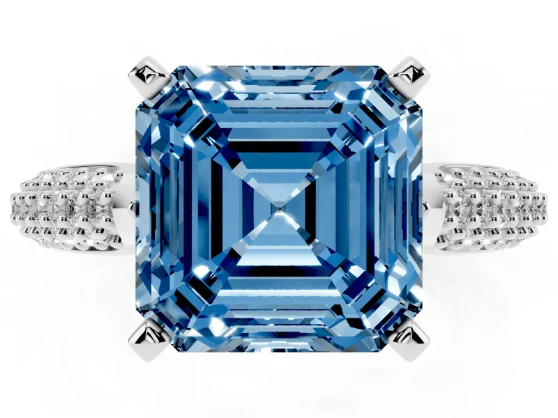 Fancy Blue Asscher Cut Diamond Solitaire Engagement Ring Set in White gold with Multi-Row Round Pavé Band and Prong Setting