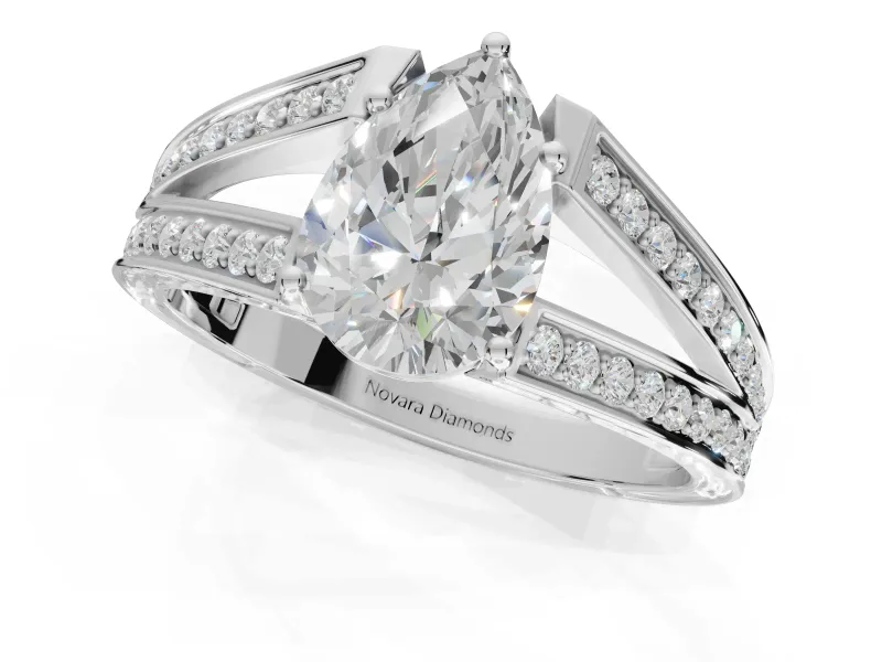 Pear-Shaped Split Shank Pavé Engagement Ring Setting | Engraved Leaf Sides | Platinum
