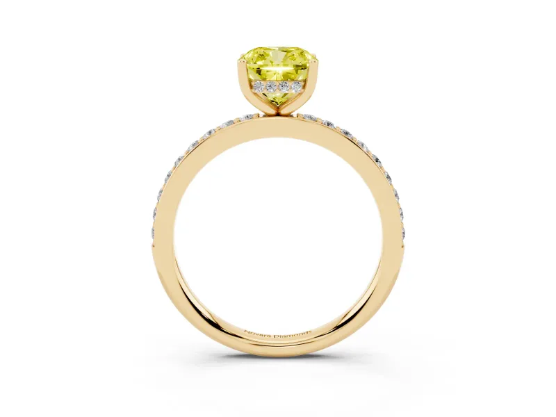 Fancy Yellow Cushion Cut Diamond Pavé Band Ring Set in Yellow gold with Prong-Set Center Stone