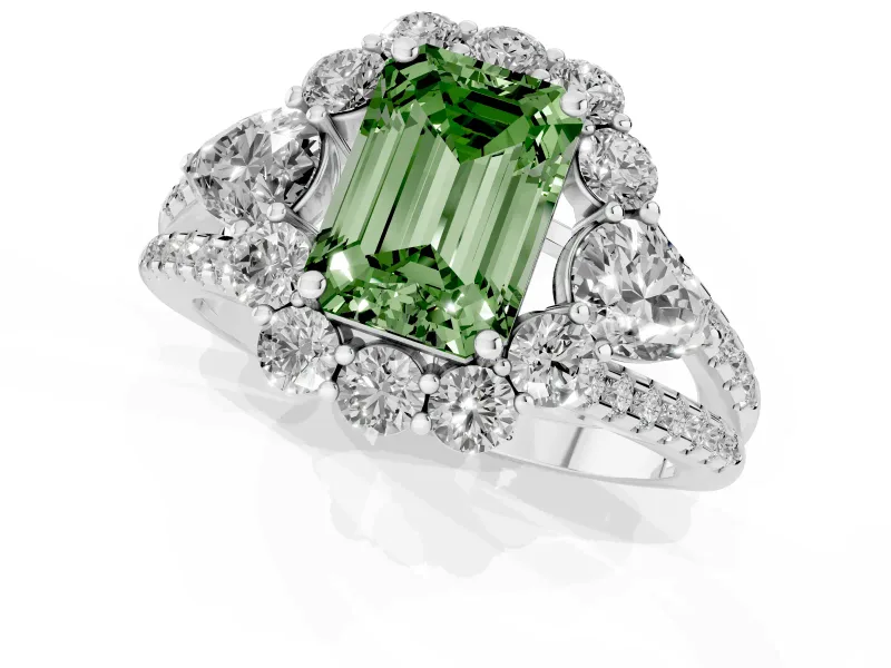 Fancy Green Emerald Cut Diamond Halo Split Shank Engagement Ring Set in Platinum with Prong-Held Center Stone
