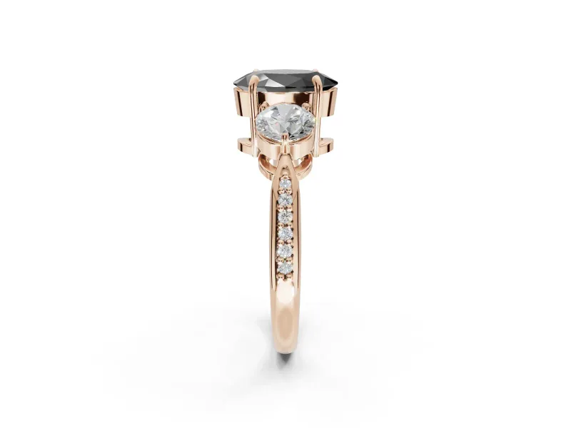 Oval Three Stone Engagement Ring Setting for a Black Center | Tapered Pavé Band | Rose Gold