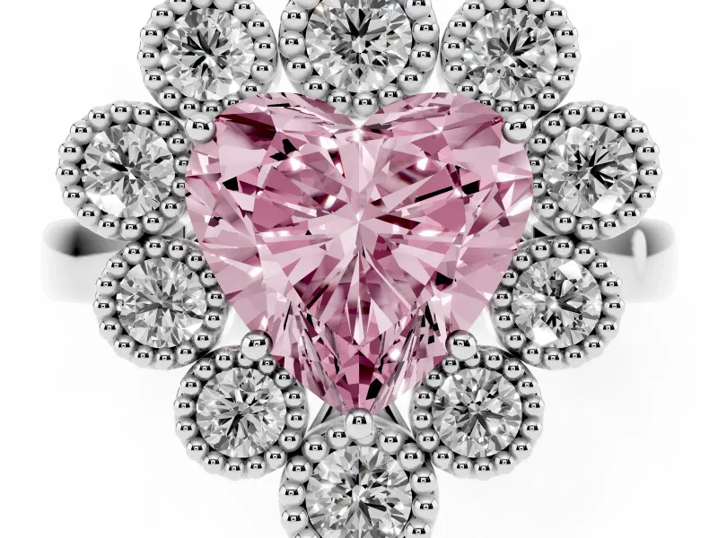 Heart-Shaped Milgrain Cluster Halo Engagement Ring Setting for a Fancy Pink Lab-Grown Diamond | Plain Band | Platinum