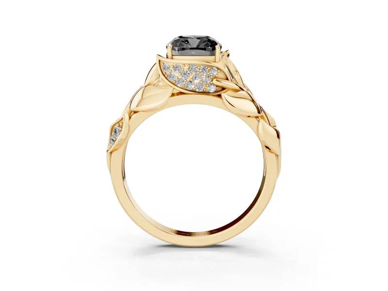 Cushion Cut Leaf Bypass Engagement Ring Setting for a Black Center | Pavé Leaf Accents | Yellow Gold
