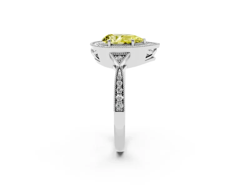 Fancy Yellow Pear Cut Diamond Halo Engagement Ring Set in Silver with Milgrain Pavé Band