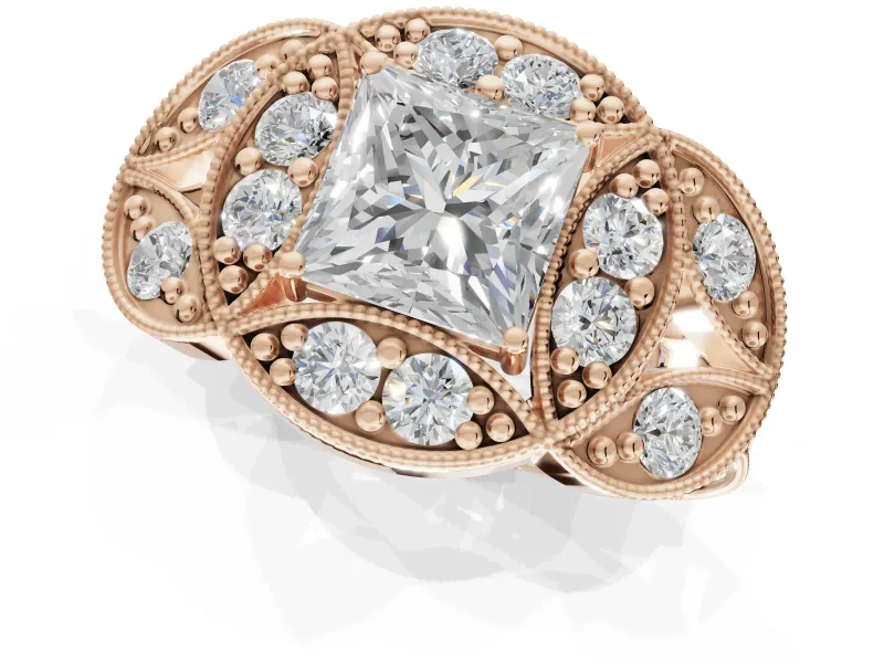 Princess Cut Vintage Floral Halo Engagement Ring Setting | Engraved Milgrain Band | Rose Gold
