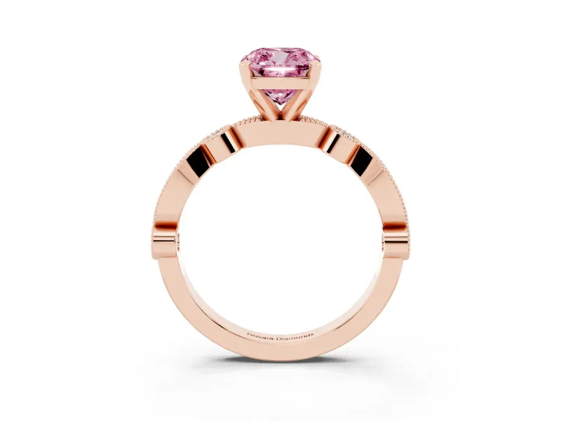 Fancy Pink Cushion Cut Diamond Solitaire Engagement Ring Set in Rose gold with Milgrain Bezel Accent Band