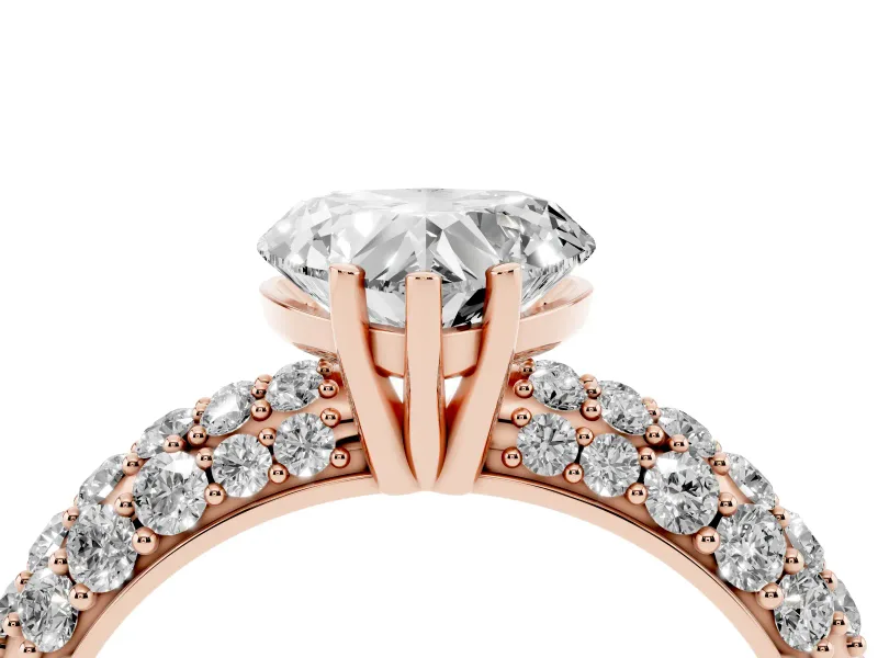 Heart-Shaped Multi Row Pave Solitaire Engagement Ring Setting | Domed Shoulders | Rose Gold