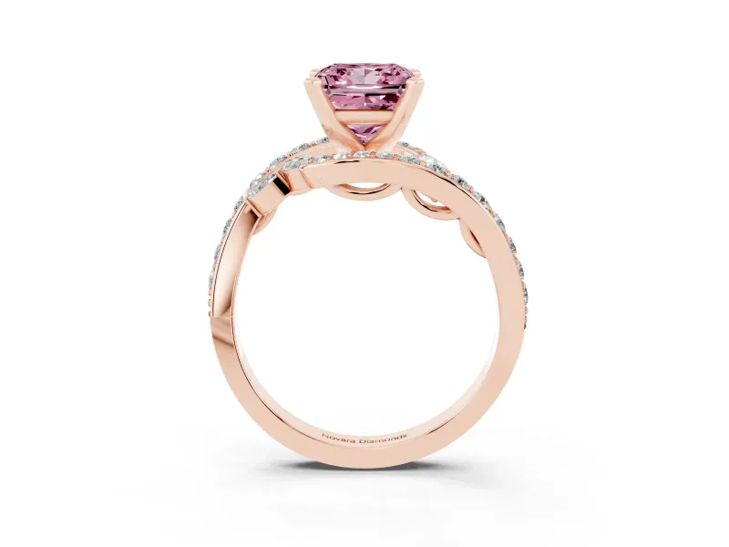 Fancy Pink Princess Cut Diamond Solitaire Ring Set in Rose gold with Pavé Twist Band and Secure Prong Setting