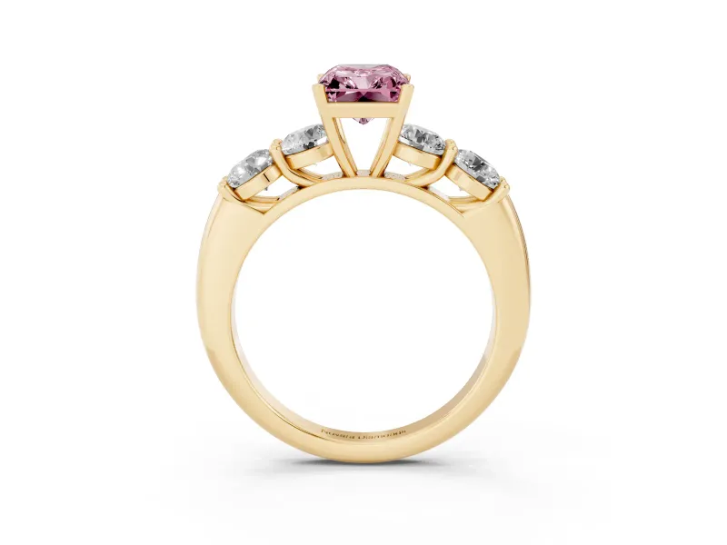 Radiant Cut Five Stone Engagement Ring Setting for a Fancy Pink Lab-Grown Diamond | Prong Set Side Stones | Yellow Gold