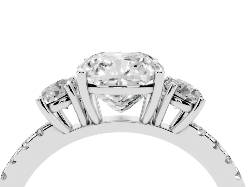 Cushion Cut Three Stone Engagement Ring Setting | Pave Shoulders | Sterling Silver