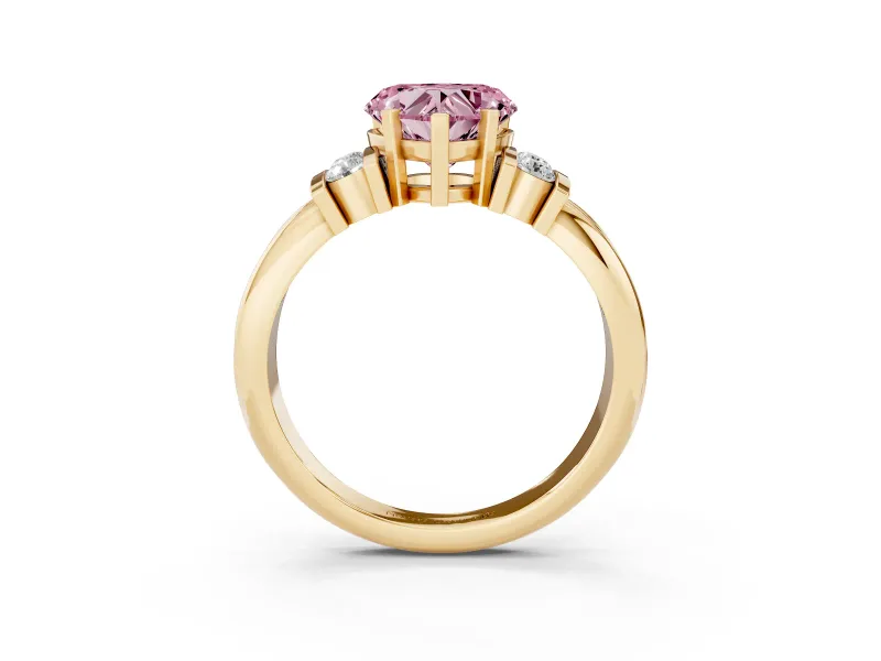 Fancy Pink Three-Stone Heart Cut Diamond Channel Set Ring Set in Yellow gold with Bar Prongs