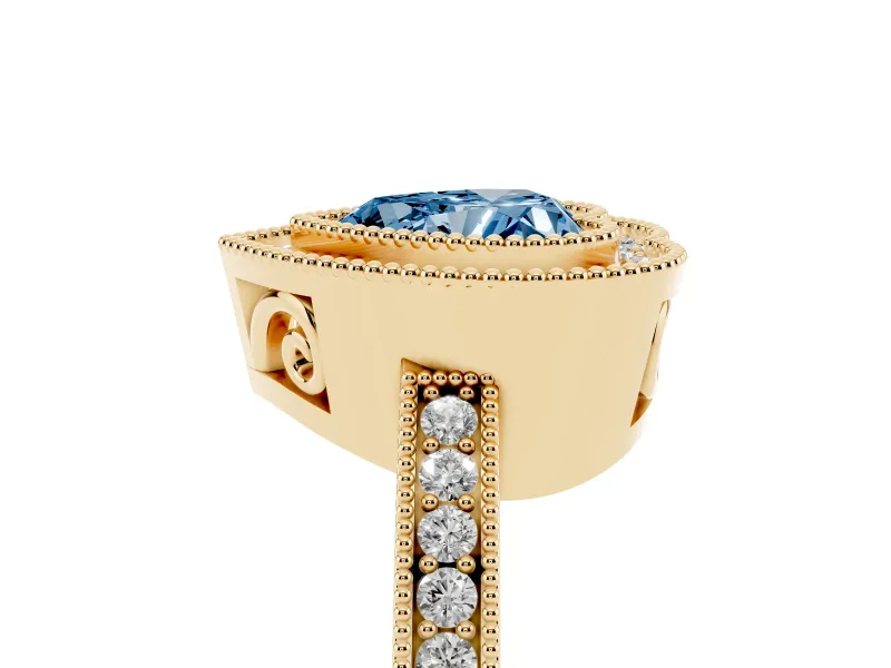Fancy Blue Heart Cut Diamond Round Halo Ring Set in Yellow gold with Pavé Band