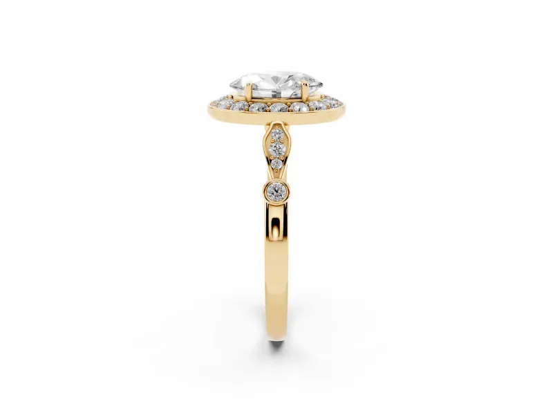 Oval Vintage Halo Engagement Ring Setting | Bezel Station Shoulders | Yellow Gold