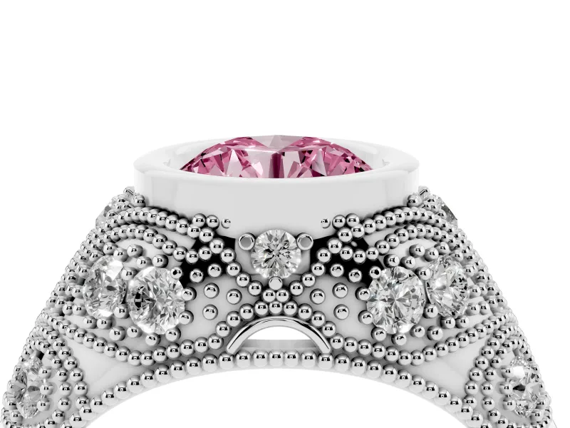 Fancy Pink Round Cut Diamond Bezel Ring Set in Platinum with Milgrain Accent Band