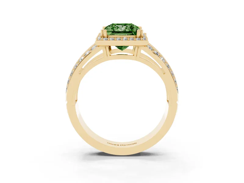 Princess Cut Halo Engagement Ring Setting for a Fancy Green Lab-Grown Diamond | Two-Row Pave Split Shank | Yellow Gold