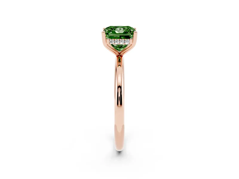 Fancy Green Princess Cut Diamond Solitaire Engagement Ring Set in Rose gold with Prong Setting and Polished Band