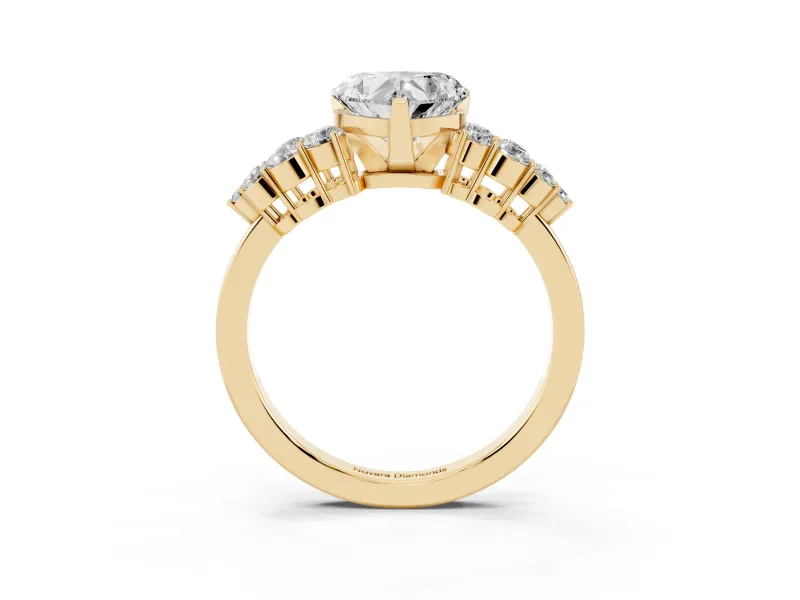 Heart-Shaped Side Stone Engagement Ring Setting | Two-Row Shoulder Clusters | Yellow Gold