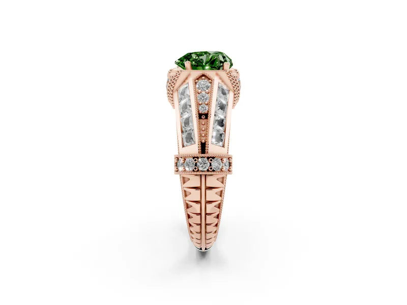 Fancy Green Heart Cut Diamond Vintage-Inspired Milgrain Ring Set in Rose gold with Accent Split Shank
