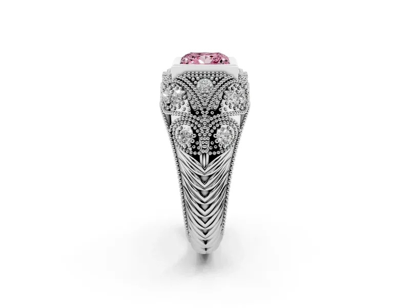Fancy Pink Princess Cut Diamond Bezel Ring Set in White gold with Milgrain Accent Band