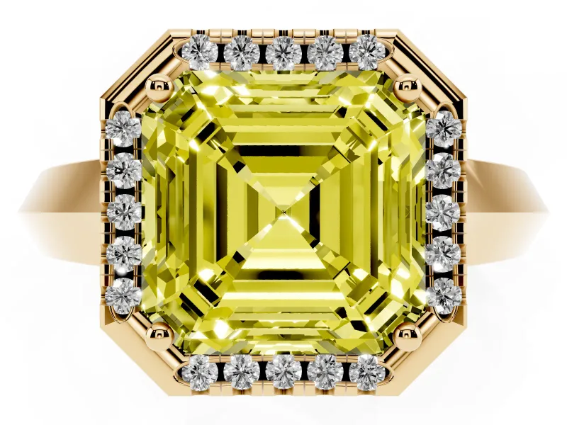 Fancy Yellow Asscher Cut Diamond Halo Ring Set in Yellow gold with Cathedral Band and Prong Setting