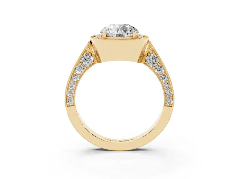 Round Vintage Milgrain Halo Engagement Ring Setting | Side Stones and Pave | Yellow Gold