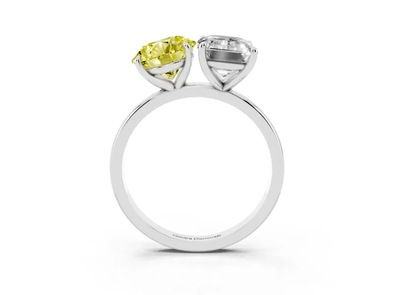 Fancy Yellow Round Cut and Emerald Cut Toi Moi Ring Set in Silver with Prong Setting