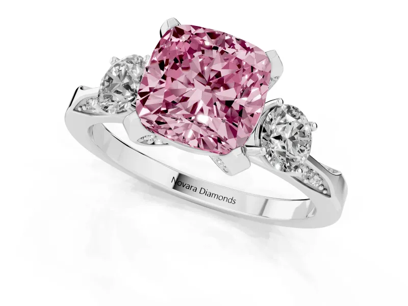 Cushion Cut Hidden Halo Three Stone Engagement Ring Setting for a Fancy Pink Lab-Grown Diamond | Sterling Silver