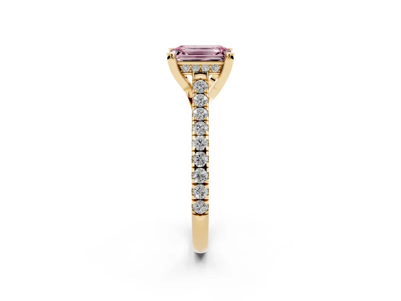 Emerald Cut Hidden Halo Pave Engagement Ring Setting for a Fancy Pink Lab-Grown Diamond | Claw Prongs | Yellow Gold