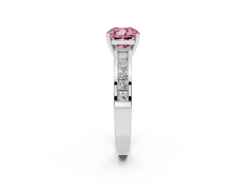 Fancy Pink Cushion Cut Diamond Solitaire Ring Set in White gold with Channel-Set Band and Prong Setting
