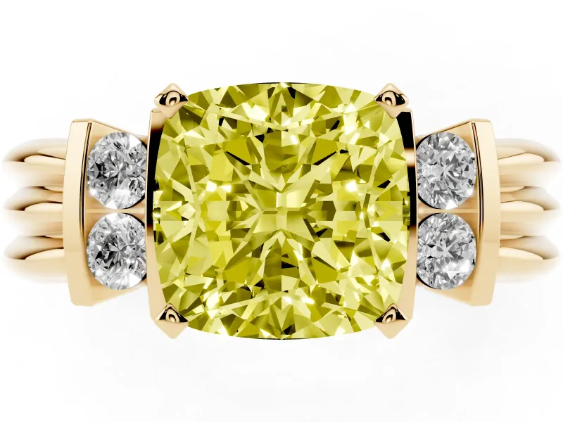 Fancy Yellow Three-Stone Cushion Cut Diamond Channel Set Ring Set in Yellow gold with Bar Prongs