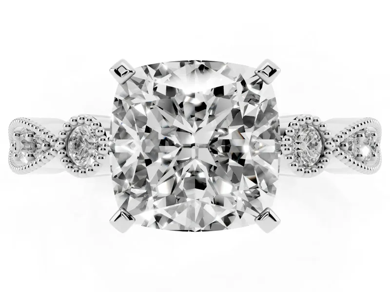 Cushion Cut Diamond Solitaire Engagement Ring Set in Platinum with Milgrain Bezel Accent Band