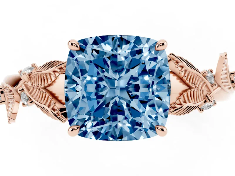 Cushion Cut Leaf Solitaire Engagement Ring Setting for a Fancy Blue Lab-Grown Diamond | Rose Gold