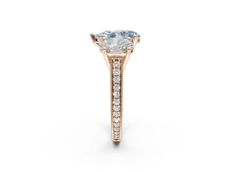 Pear-Shaped Vintage Three Stone Engagement Ring Setting for a Fancy Blue Lab-Grown Diamond | Graduated Pavé | Rose Gold
