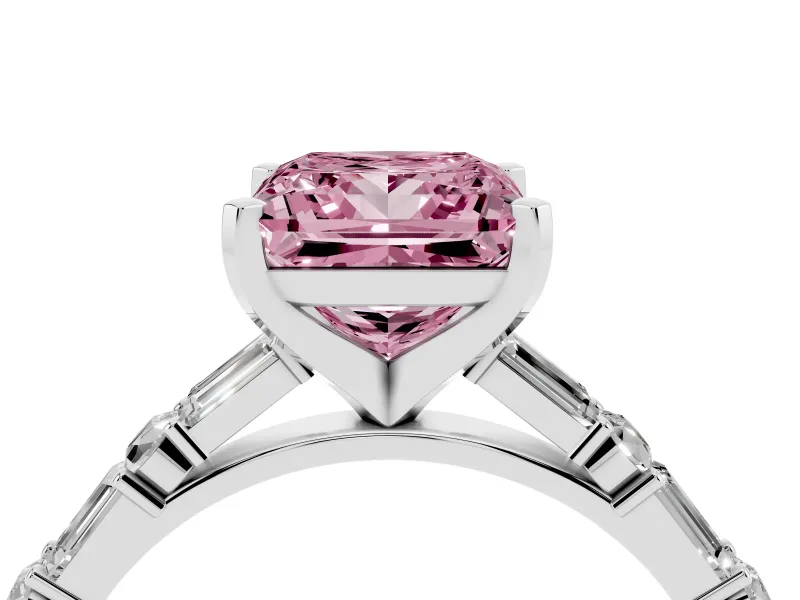 Fancy Pink Princess Cut Diamond Solitaire Set in Silver with Side Baguettes and Channel Set Band